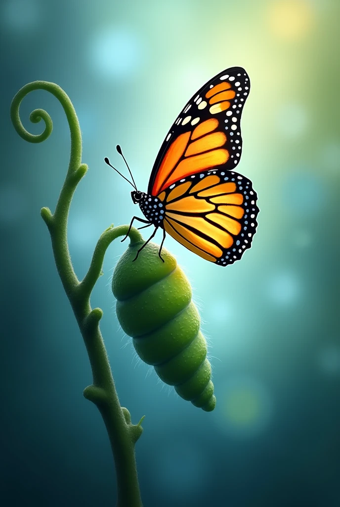 1. Butterfly Emerging from Cocoon


"An inspiring ebook cover showing a vibrant butterfly emerging from a cocoon. The background should be smooth and ethereal, with shades of blue and green, symbolizing transformation and renewal. The butterfly must be detailed and colorful., representing metamorphosis and personal growth. "