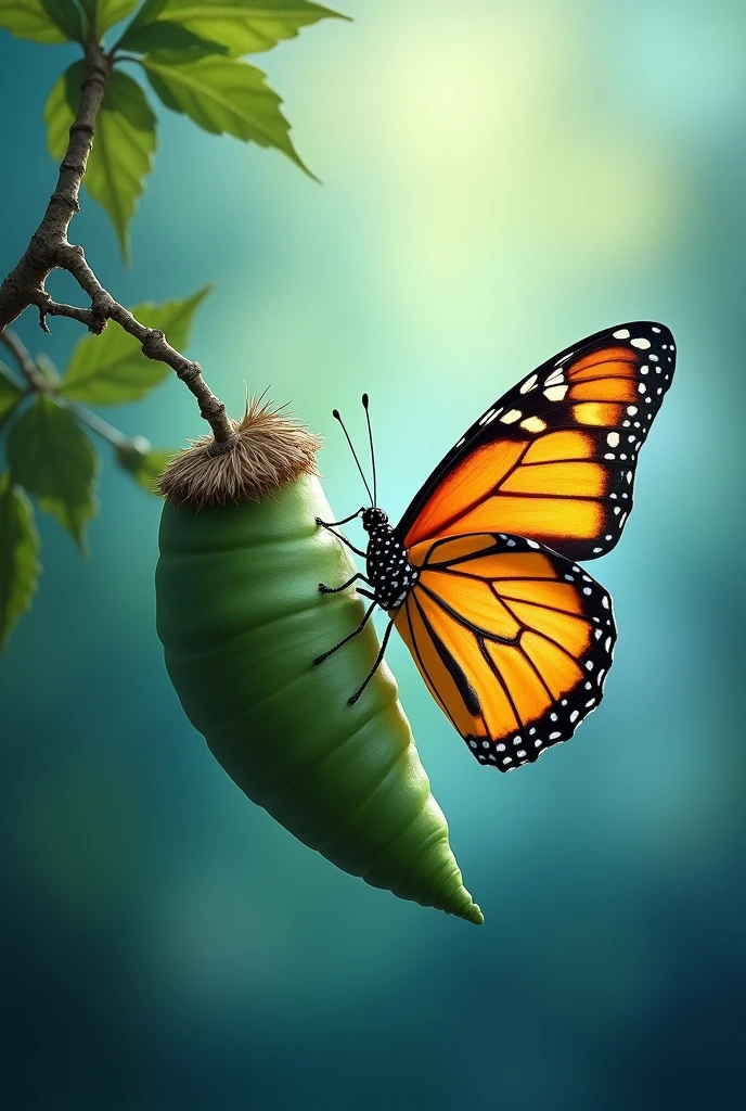 1. Butterfly Emerging from Cocoon
"An inspiring ebook cover showing a vibrant butterfly emerging from a cocoon. The background should be smooth and ethereal, with shades of blue and green, symbolizing transformation and renewal. The butterfly must be detailed and colorful., representing metamorphosis and personal growth. "