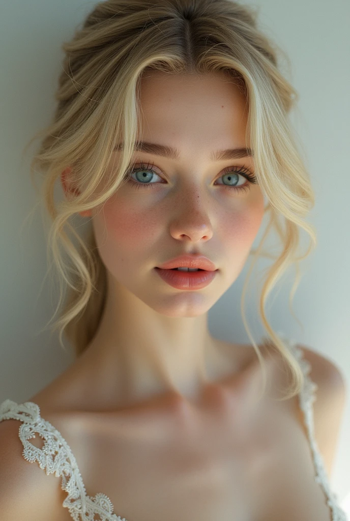 Femme tres realiste, blonde, yeux bleus, petit nez, petit seins, air innocente, jeune, sexy, pur