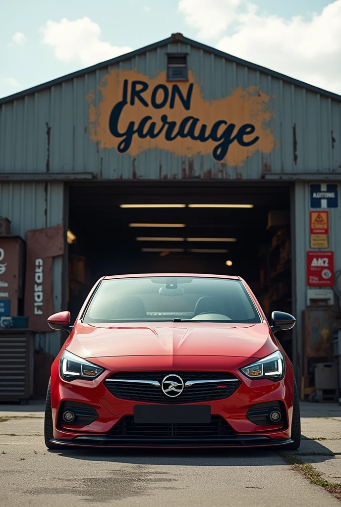 Lowered Open Corsa in front of a workshop named IRON GARAGE