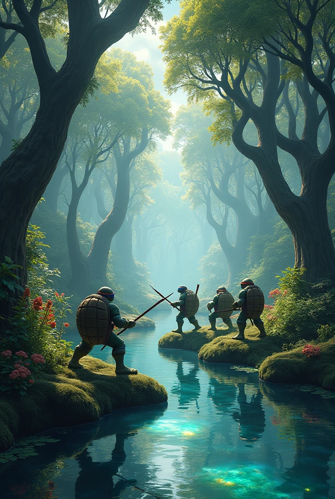 magical forest that was full of giant trees and super clear lakes that reflected the sky like a mirror With this image, place the 4 ninja turtles walking through the forest