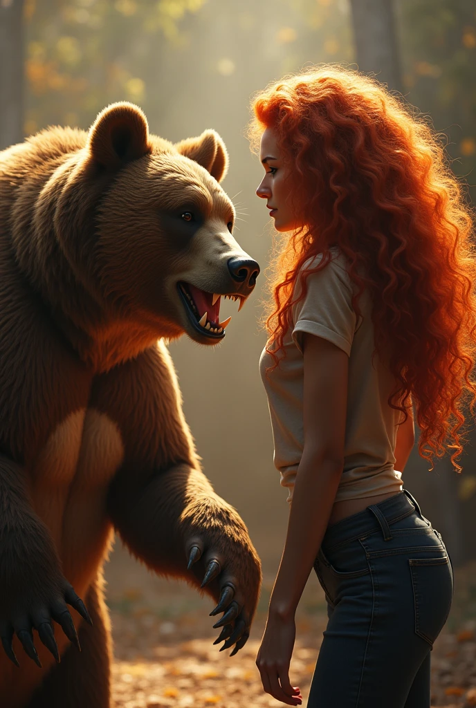 (photorealism:1.2), belle dresseuse d’ours , long curly red haïr, soft lighting, realistic, warm colors, qui est en train de dresser un ours agressif , humoristique