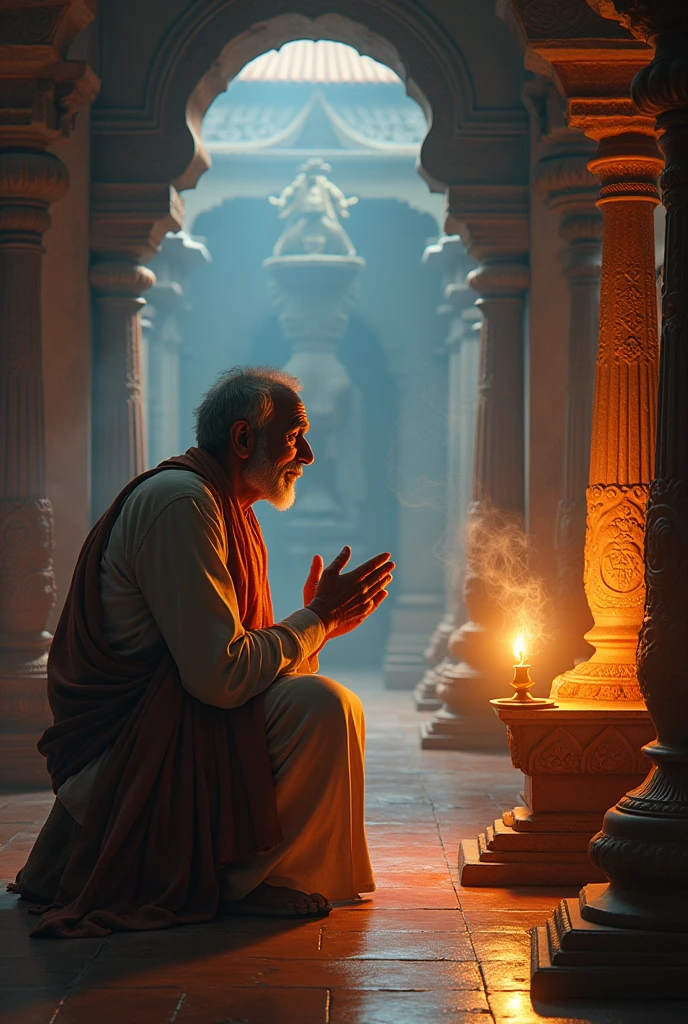 Scene inside a Hindu temple, an old man lights a lamp and bows before the idol of a god.