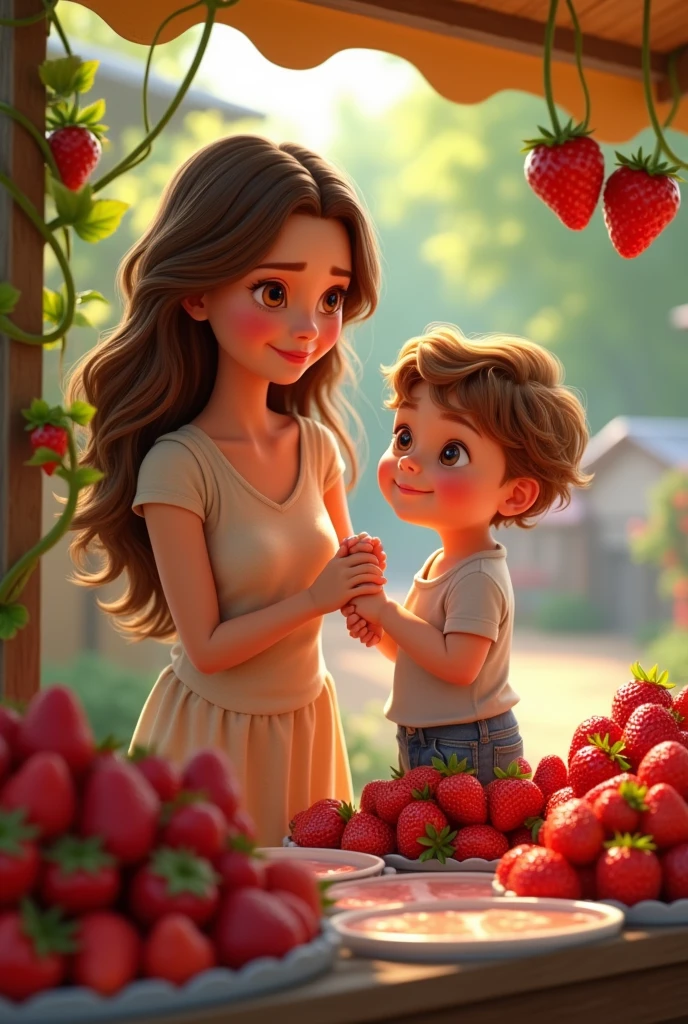 Pixar animation: White woman long brown hair, Brown eyes, holding hands with a 1 year old baby boy with wavy hair, piel blanca y Brown eyes. At a stand selling strawberries and cream with lots of strawberries around