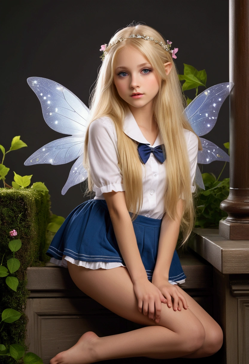  fairy, long blonde hair,  and sexy female body, face and delicate, short clothing, women&#39;s school clothes, the little fairy has her legs open in an extremely sensual pose