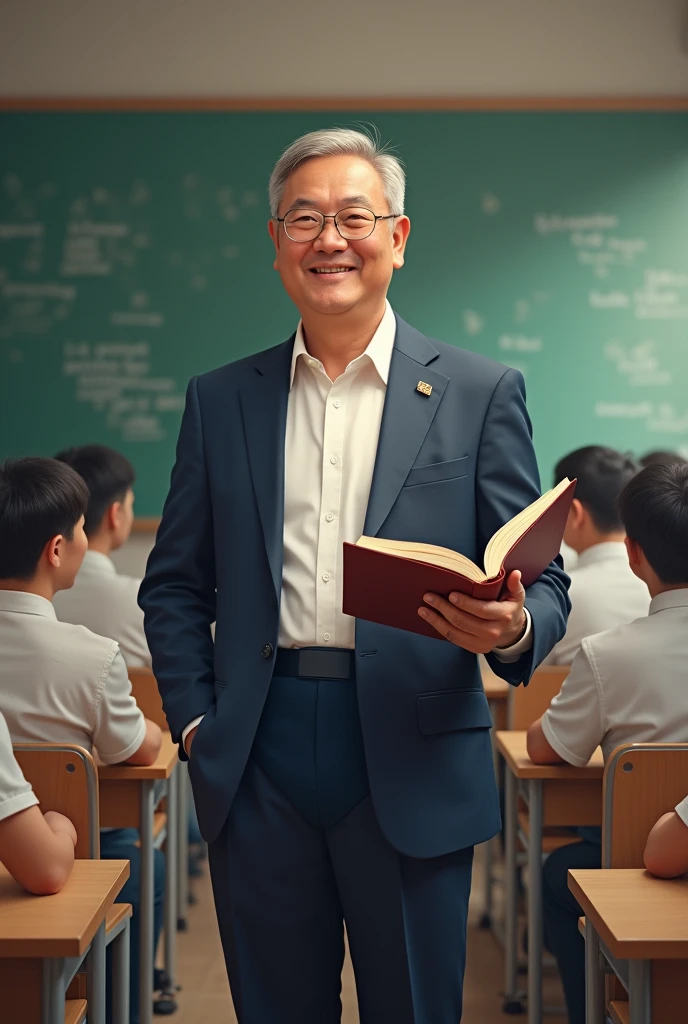 Strong smiling Chinese teacher giving a class in navy blue underwear with a book in his hand.