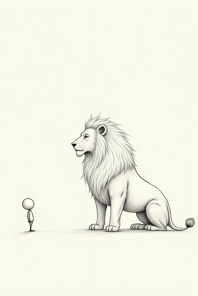 Make art as if it were drawn with a pencil,  with simple dashes, that is simple to reproduce on paper, of a stick figure looking up from below, to a giant, majestic lion above him With the lion looking down!!!!