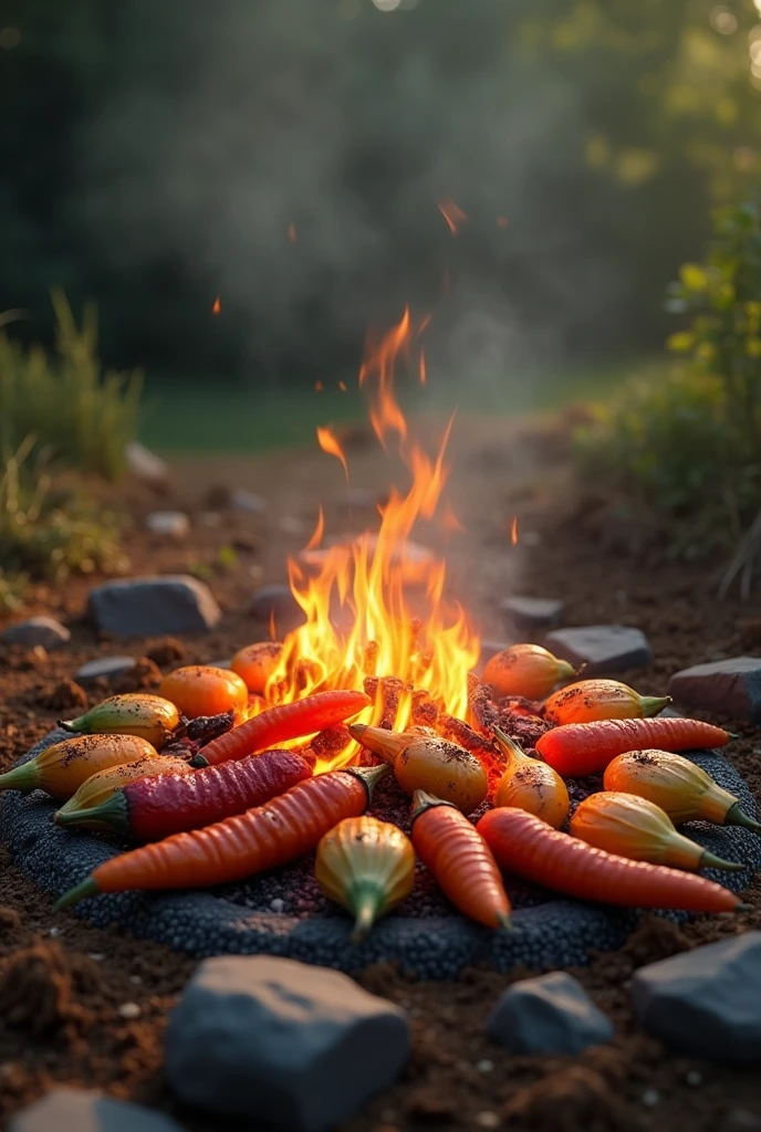 Fire cooking vegetable no man
