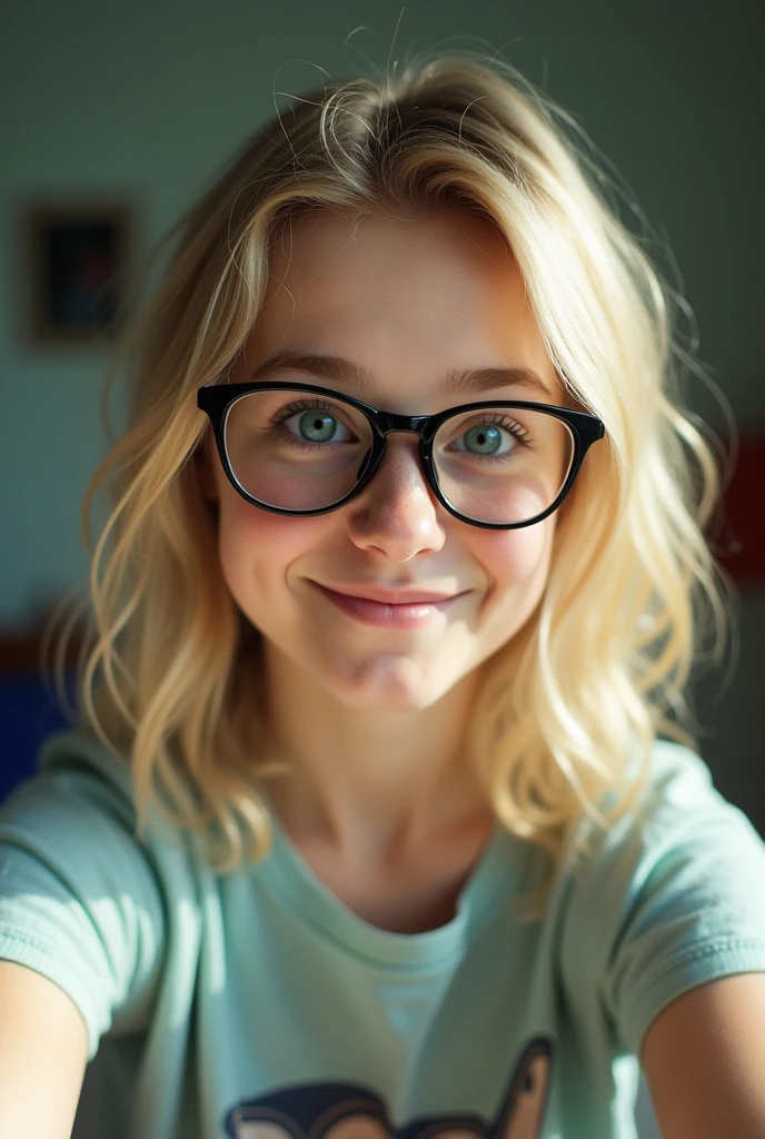 nerdie blonde girl beauty, amateur quality selfie, 90s flash foto style, grain filter