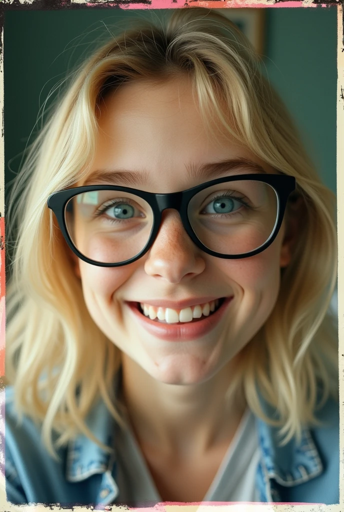 nerdie blonde girl beauty, amateur quality selfie, 90s flash foto style, grain filter