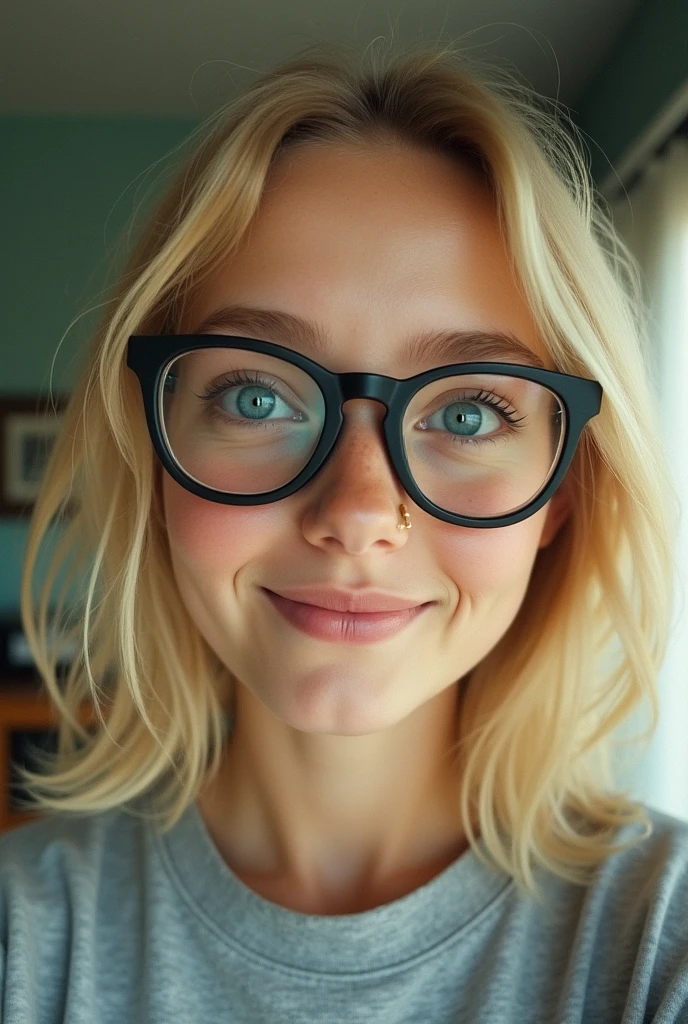 nerdie blonde girl beauty, amateur quality selfie, 90s flash foto style, grain filter