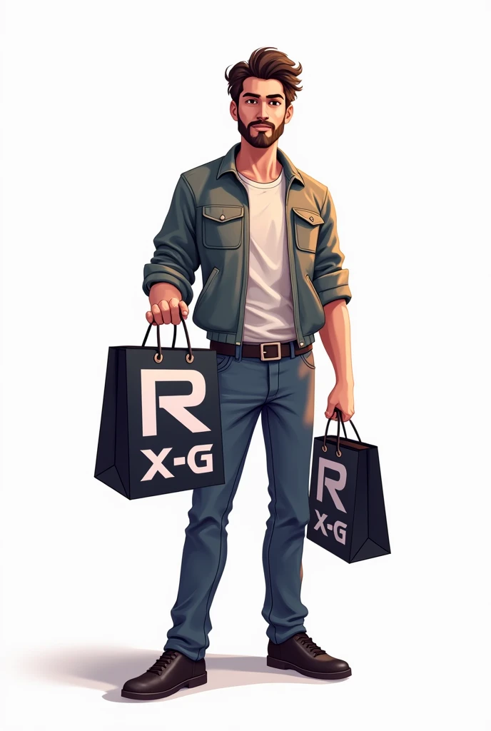 Create a logo where the background is white and a man is holding a shopping bag with a design on it that says RXG GAME SHOP below.
