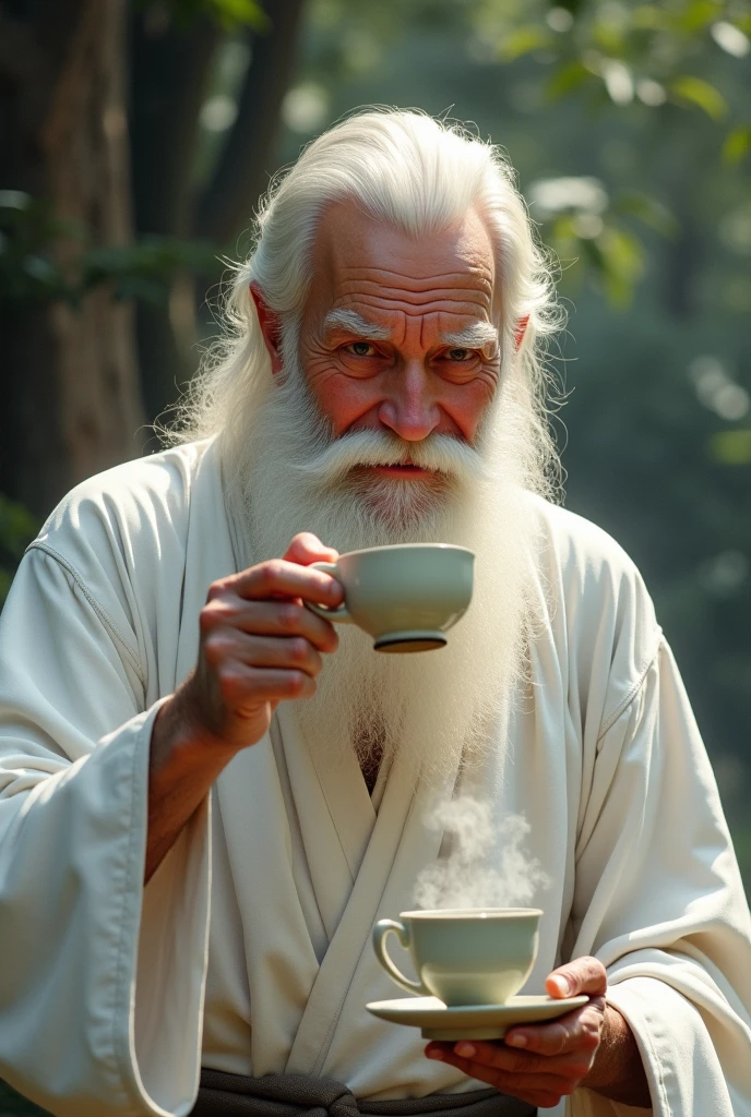 Old man with beard wearing white clothes taking a sip of tea