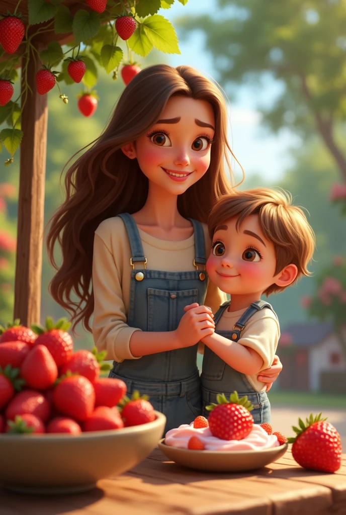 Pixar animation: White woman long brown hair, Brown eyes, holding hands with a 1 year old baby boy with wavy hair, piel blanca y Brown eyes. At a stand selling strawberries and cream with lots of strawberries around 