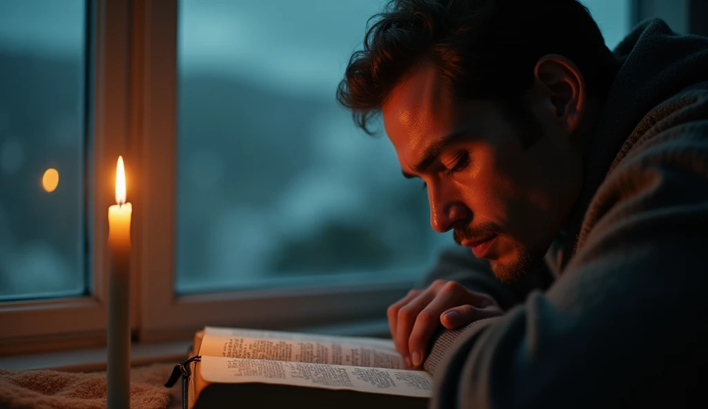 A close-up shot of an individual reading the Bible at night, their face illuminated by the soft glow of a candle. Outside the window, a storm brews, symbolizing the chaos in the world, while the person's expression shows deep concern and reflection. {cinematic, moody lighting, intimate close-up, soft focus, high-detail textures, high contrast} (landscape)