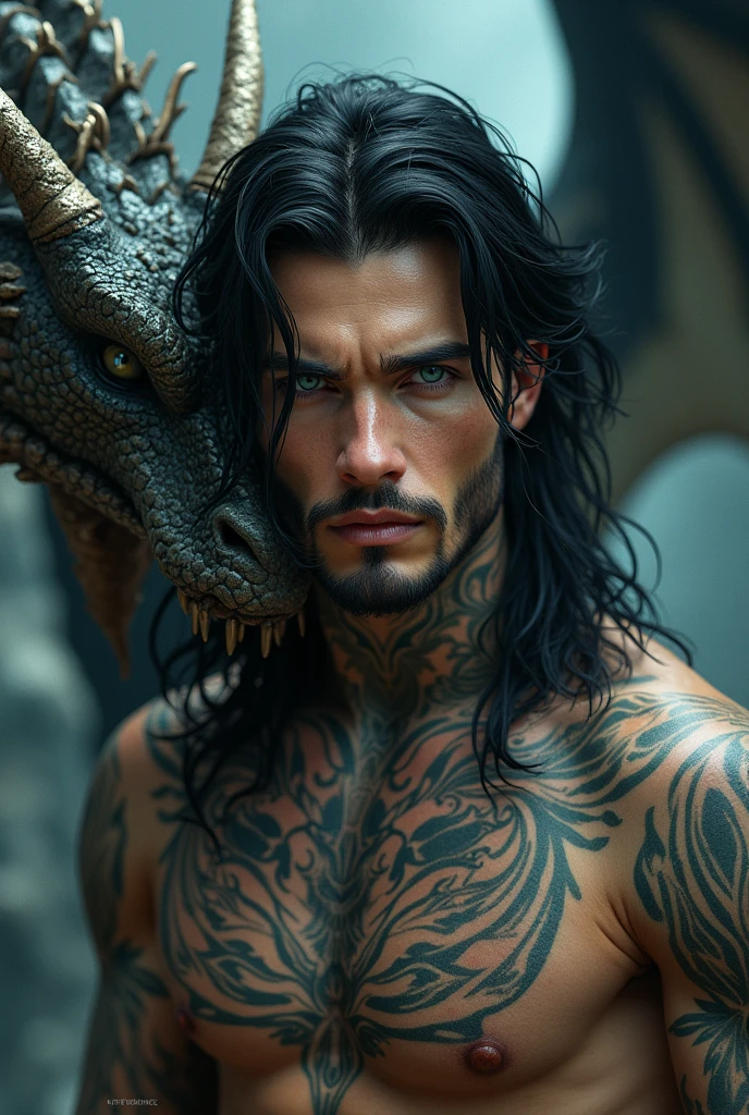Femenine man. BIG, Very handsome, Full lips, straight nose, and a finely trimmed beard and mustache. Light blue eyes and messy and long black hair. Dragon and a long variety of tatoos.