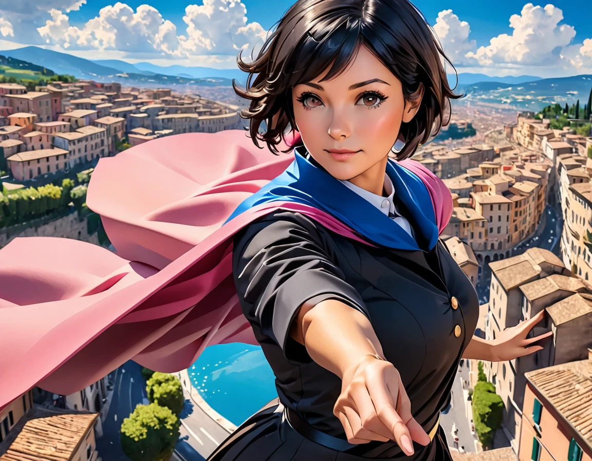 A 41 year old woman, short black hair, round, brown eyes, flying over a city in Italy, wearing a black uniform with a pink cape, with one arm stretched out and the sky very blue, high qualiy, details on the hands