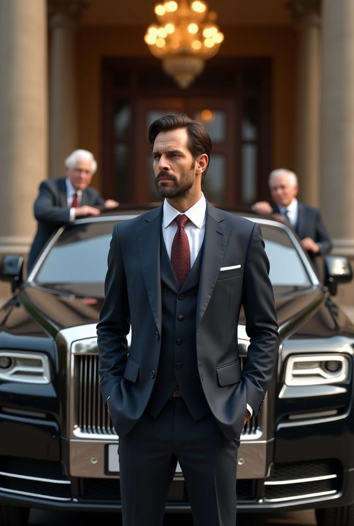 A man in his mind 30's, very for wearing suite, standing infront of his rolls Royce, remembering the journey to become this big, with backdrop of his big mansion, who is duskly, standing beside his mother and father, father is sitting on king size chair, all are dressed in old money style