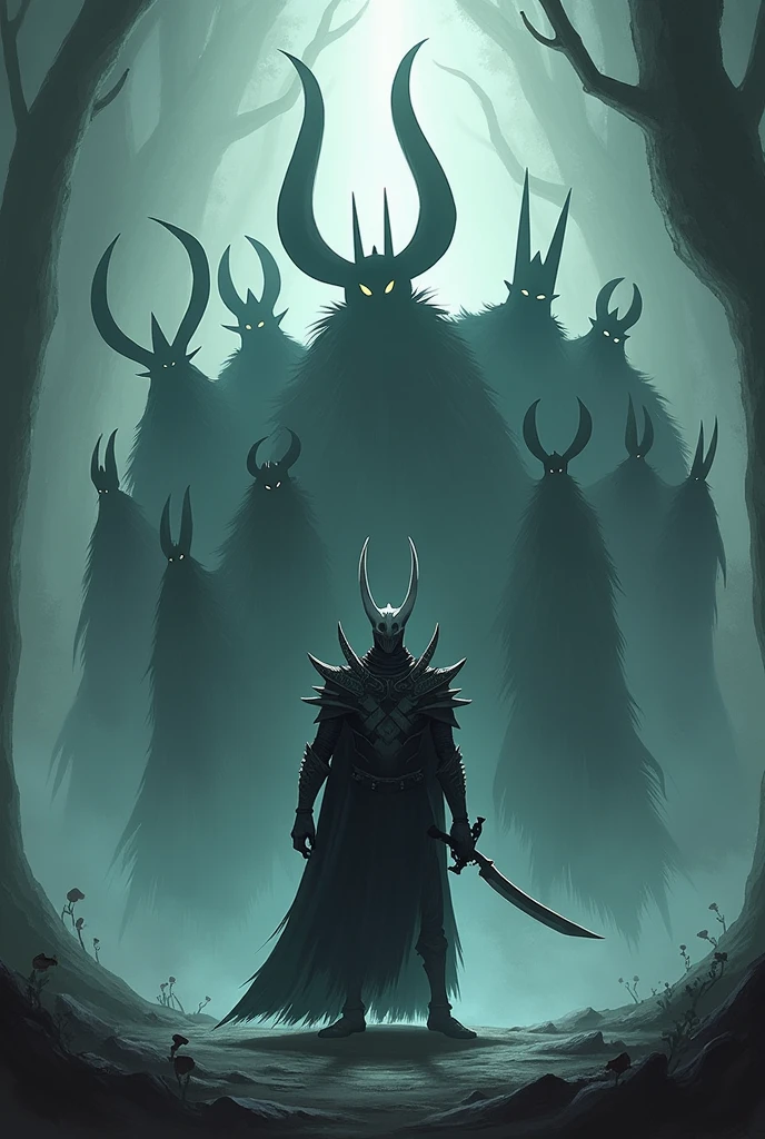 A hollow knigth wallpaper with all the bosses behind the knight 
