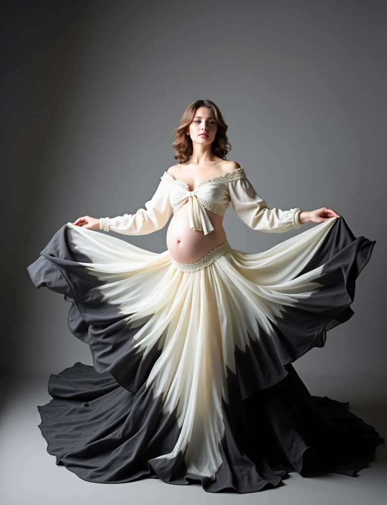 pregnent woman there is a black and white dress with a white bow on it, flowing fabric, black and white color aesthetic, flowing realistic fabric, black and white clothes, a still of an ethereal, black and white color, beautiful flowing fabric, slow motion fashion, white and black clothing, frilled blooming collar, frill, flowing dress, inspired by Hedi Xandt