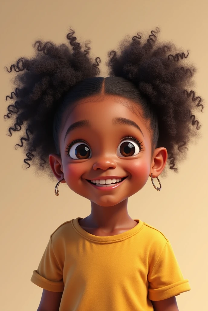4 year old child, black curly hair with two braids in the hair, eyes black, Grinning,whole body,skin fair,