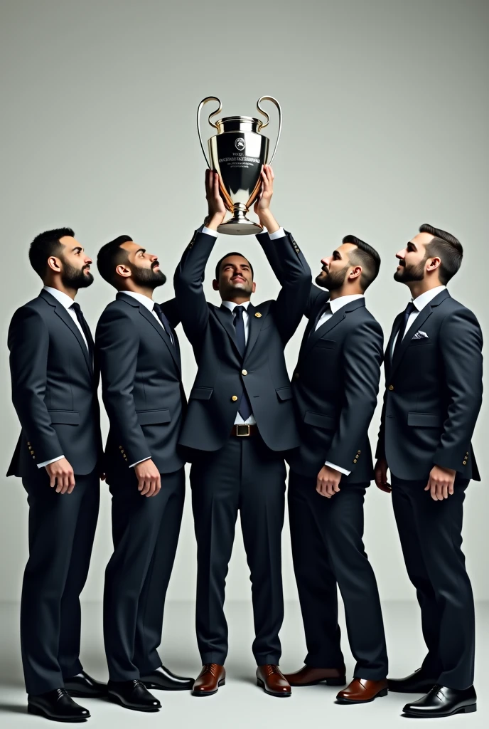 5 men in suits standing side by side holding the UEFA Champions League trophy, looking at a photo