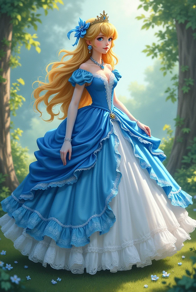 Créer moi de la princesse peach qui porte une robe de ta bleu et blanc vue de loin sur un fond de couleur vert