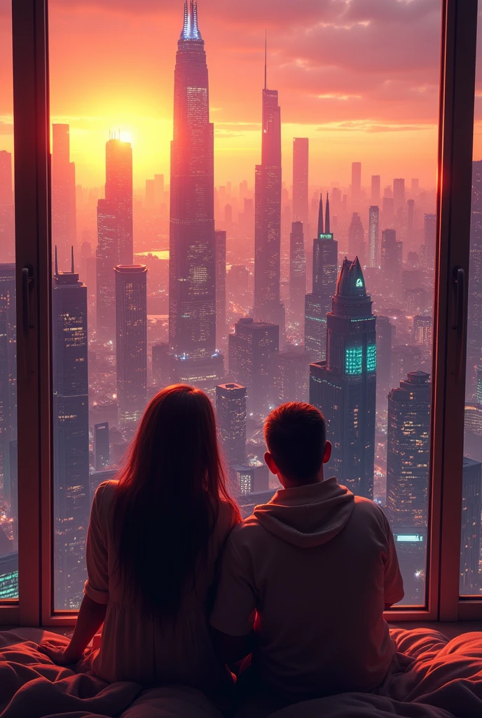 Una foto super realist de una ciudad futurista con edificios altos de neon, I am with my wife in my apartment on the 15th floor, watching the big city, 8k, UHD, realist, sunset background, golden hour, beautiful view,