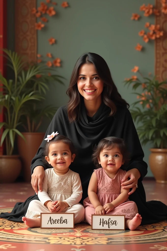 A 2 GIRL SITTING ON THE CROWN CHAIR WEARING BLACK SHALWAR QAMIS SMILING QITH BEAUTIFUL BACKGROUND ABD FLOOR WRITE NAME SUMBAL IN FRONT AND HAVING TWO BABY ONE IS 7 MONTH OLD WRITE NAME AREEBA IN FRONT AND THE SECOND IS WRITE NAME HAFSA IN FRONT OTH ARE SITTING I FLOOR
