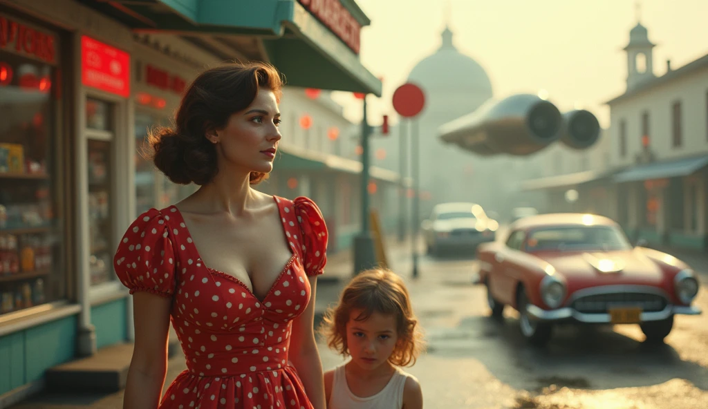 (Masterpiece.UHD.photorealistic analog photography. 1950 style) In a dystopian retro futuristic world. an ultra hot gorgeous European woman.age 23. 1960´s random hairstyle random hair color, voluptuous curvy figure, perfect round cleavage. Full lips. Round Baby face. Huge natural breasts (100 DD size). Wearing 40/50´s clothes. She’s a mom with her daughter in front a mini market. 1930 clunky war evil robots. Shiny flying cars. early morning light.