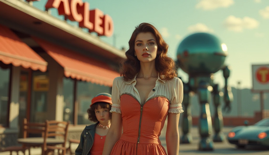 (Masterpiece.UHD.photorealistic analog photography. 1950 style) In a dystopian retro futuristic world. an ultra hot gorgeous European woman.age 23. 1960´s random hairstyle random hair color, voluptuous curvy figure, perfect round cleavage. Full lips. Round Baby face. Huge natural breasts (100 DD size). Wearing 40/50´s clothes. She’s a mom with her daughter in front a mini market. 1930 clunky war evil robots. Shiny flying cars. early morning light.