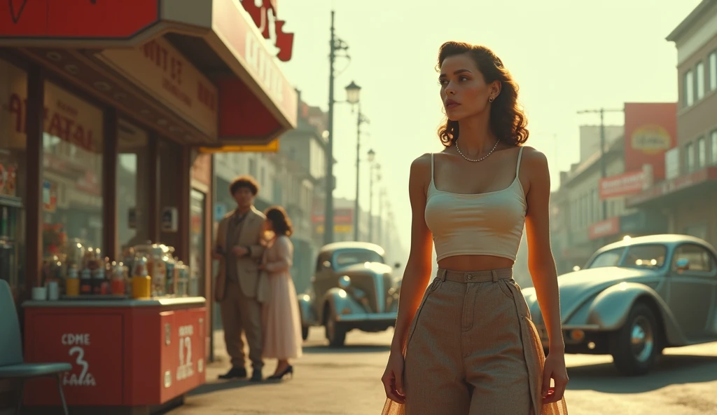 (Masterpiece.UHD.photorealistic analog photography. 1950 style) In a dystopian retro futuristic world. an ultra hot gorgeous European woman.age 23. 1960´s random hairstyle random hair color, voluptuous curvy figure, perfect round cleavage. Full lips. Round Baby face. Huge natural breasts (100 DD size). Wearing 40/50´s clothes. She’s a mom with her daughter in front a mini market. 1930 clunky war evil robots. Shiny flying cars. early morning light.