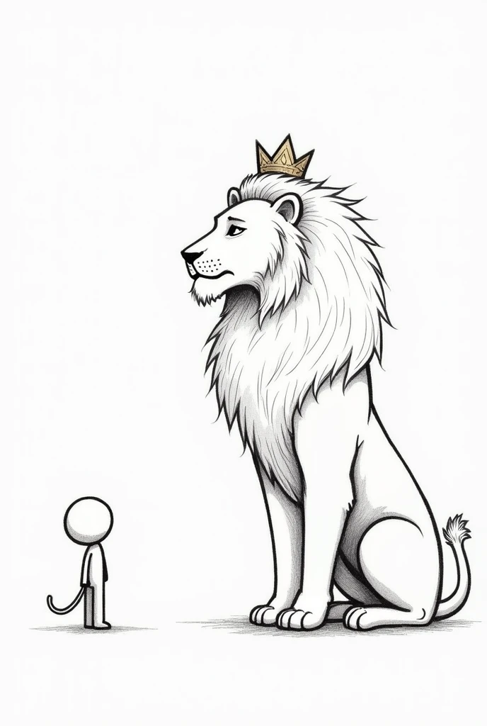 Make art as if it were drawn with a pencil,  with simple dashes, that is simple to reproduce on paper, of a stick figure looking up from below, to a giant, majestic lion above him With the lion looking down!!!!
Put a crown on the lion 