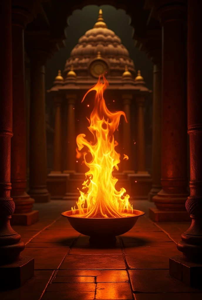 The flame of a Hindu temple is seen growing, and then the screen slowly goes black.
