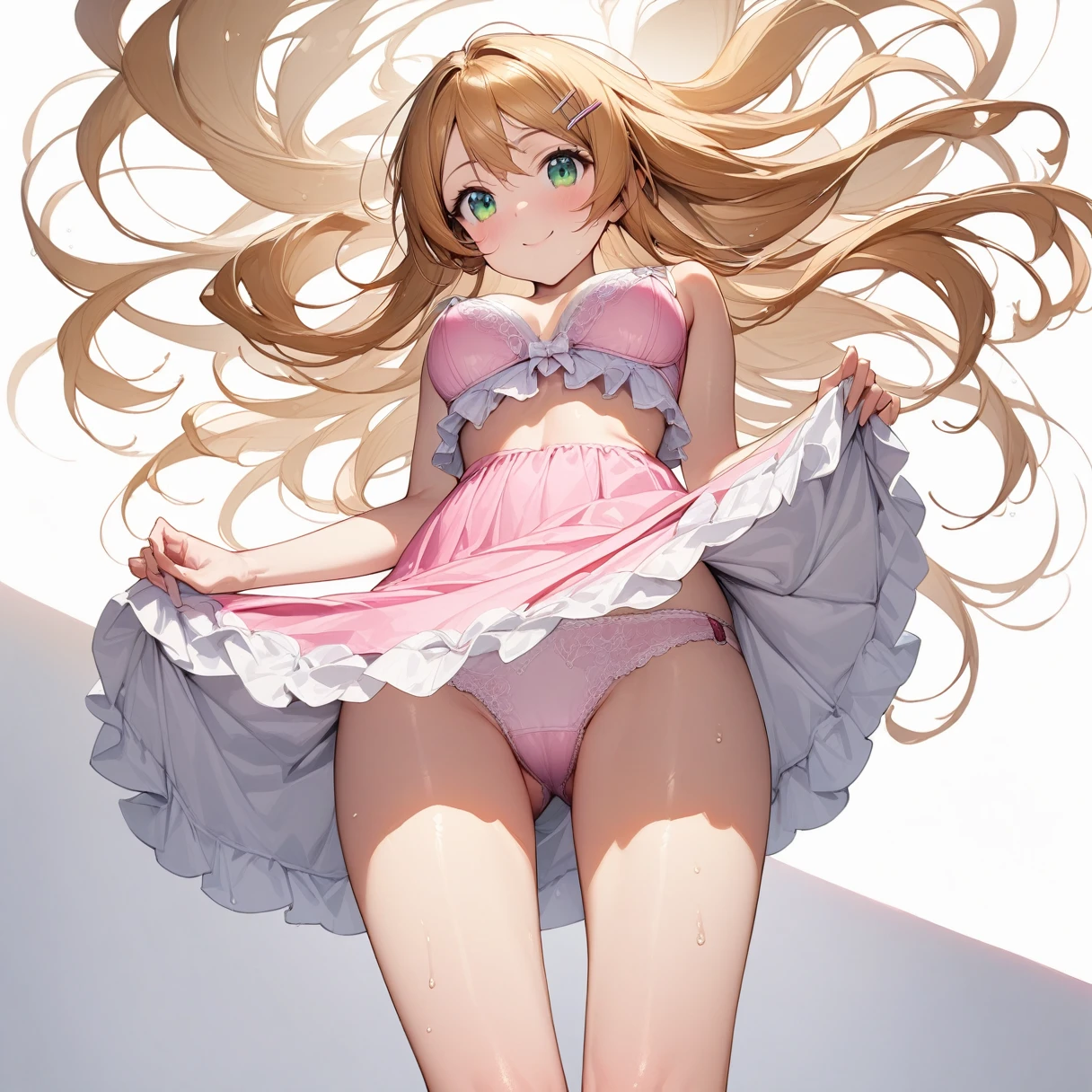 (masterpiece), (Highest quality), High resolution, (Very detailed), (Best illustrations), (Best Shadow), (so beautiful), (Absurd), (White background), (White Room), (White carpet), 
(Highly detailed face), Perfect limbs, Intricate details, 

(Kirino Takasaka), (kirino kousaka), Blonde, Long Hair, Hair Clip, Green Eyes, bangs, Shyness, smile, 
Perfect limbs, Perfect Anatomy, Thin legs, Intricate details, Five perfect fingers, One person, so beautiful少女, Big eyes, slender, Tight waist, 
Beautiful Skin, Wet, sexy,Charm, whole body, Front bright, 
(One person、solo:1.5), Full Shot, panoramic, Front view, slightly below,
Pink girly dress, (Skirt Lift:1.2), (Grab your skirt:1.1), 

Showing off, Pink Panties, Detailed panties, Pink Bra, Details Bra, Erotic, Underwear with a small ribbon, Underwear with white stripes, White frilly underwear, 
tits, Butt, Legs slightly apart, (Beautiful attention to detail:1.6)