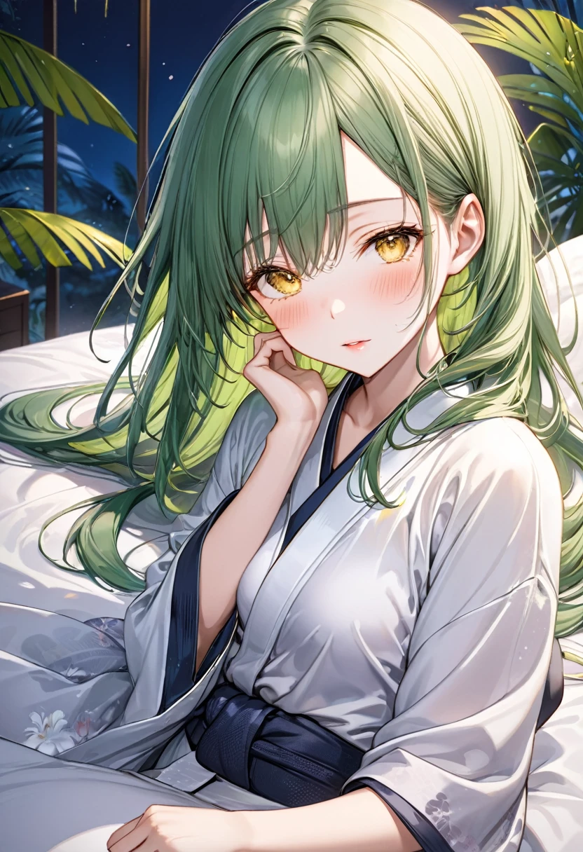 (Half asleep style) (lie down on bed), (solo:2, 15 yo), (beautiful straight green hair long hair) (beautiful sexy girl), (glossy lip, blushing ecstasy, half closed beauty yellow eyes), (medium tits), in a simple white yukata, break, in the Tropical bedroom of midnight, BREAK, perfect anatomy, masterpiece, best quality, 16k, beautiful detailed midnight, daydreaming expression.