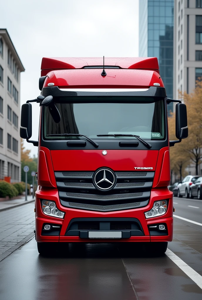 Red Mercedes truck with the name TROGENI TRANSPORTES on the trunk