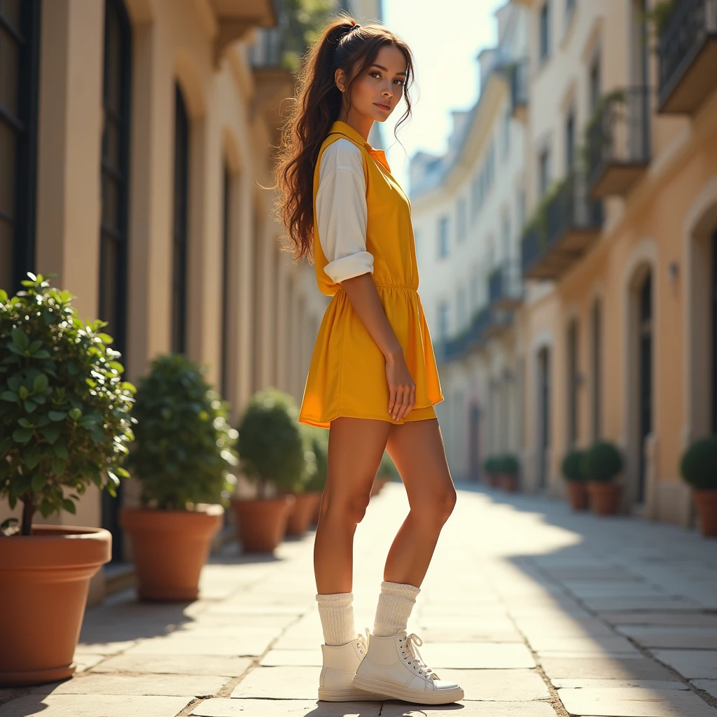 Lateral pont of view of a beautiful European woman with BROWN hair and ponytail with a little smile, wearing 80´s yellow and white dress, glossy suntan tights, white legwarmers and white HIGH TOP sneakers