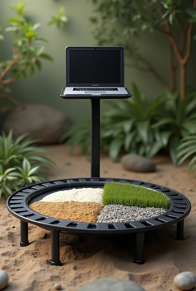 realistic black mini trampoline round in 3D with sensory mat on top divided into four different parts, a part with rice, another with sand, another with grass and another with pebbles. A cama elástica TEM GRADE ao redor with 1,20 metro. in front of the trampoline there is a narrow iron bar that comes out of the ground, with 1,40 metro, at the top of the bar there is a large computer