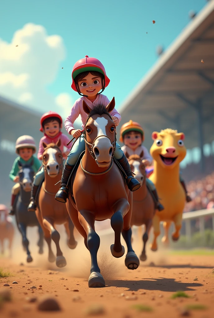 Photo of animal racing with several jockeys, foreground, Artistic photo, jockey riding ostrich, jockey riding rhino, jockey riding giraffe, jockey riding gorilla, jockey riding zebra fierce competition, cartoon style image, high qualiy, actual proportions, crowded grandstand in the background out of focus, 4K