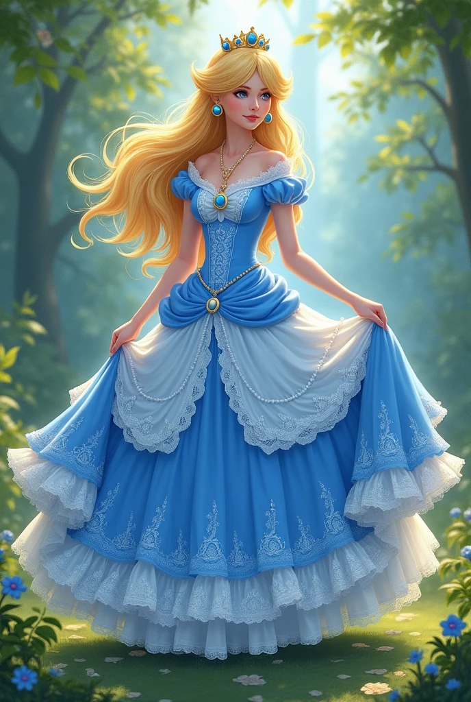 Créer moi de la princesse  peach qui porte une robe de lolita bleu et blanc vue de loin sur un fond de couleur vert 