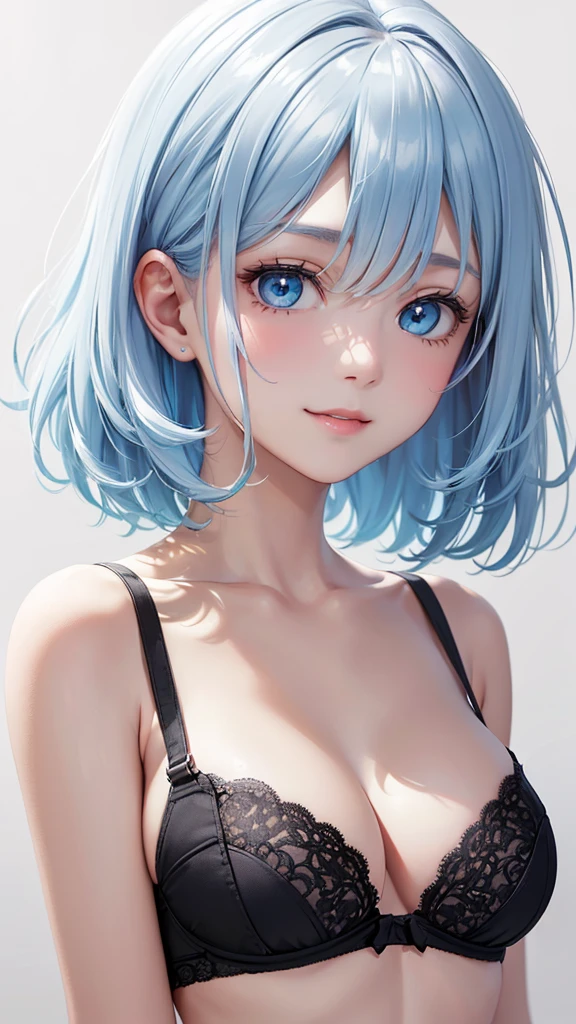 Best Quality,High resolution,8k,(plain white background, no patterns, no textures, just a plain white background:1.3),Masterpiece:1.2),beautiful girl,Big Breasts,(Shiny light blue hair:1.3),messy hair,Bobcut,Beautiful light blue eyes,A set of lingerie featuring intricate lace detailing(black color). The bra has delicate lace trim along the edges with a floral or geometric pattern, and adjustable straps with small, refined accents. The panties are designed with matching lace, featuring a soft, breathable fabric with a touch of elegance. The color scheme is sophisticated, such as soft pastels or classic black with subtle touches of gold or silver,Gentle look,A refreshing look,smile,Best quality,Best Quality,Aesthetic and aesthetic:1.2,Best details((Super detailed))(High-definition CG illustrations),Slender body,smile,blush,cute,Scrounge,Looking up,Being spoiled,wariza