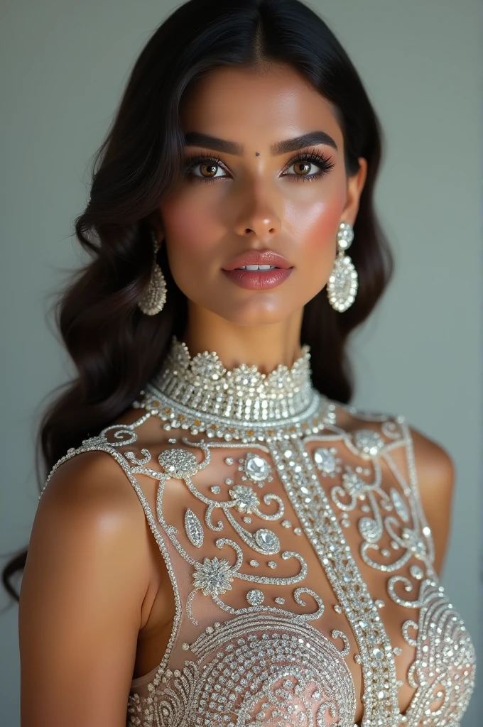 Indian beautiful Pombal Create a photo by hiding diamonds all over the body A beautiful dress full photo All colored diamonds