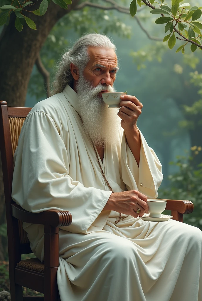 Old man with beard wearing white clothes taking a sip of tea, more background less of the picture of man.