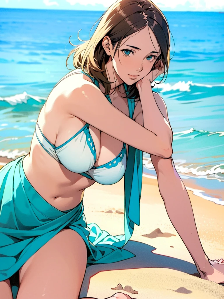 An anime-style illustration with vibrant, detailed shading and a soft, dreamy atmosphere. A woman in her 30s with a slightly stylized, realistic appearance is lying on a sandy beach, propped up on one elbow. She has short, blonde hair, styled in a slightly tousled bob, and is wearing a white patterned bikini. The scene captures her confident, relaxed expression as she gazes towards the viewer. The lighting is soft, with a mix of natural sunlight and gentle shadows, highlighting her sun-kissed skin and toned physique. The background features a tranquil beach setting with a clear blue sky and distant waves, blending seamlessly with the serene mood of the composition. The overall image uses a Ghibli-style color palette and detailed line work, reminiscent of high-quality anime art, with a focus on realism and charm.masterpiece, Highest quality, High detail, 