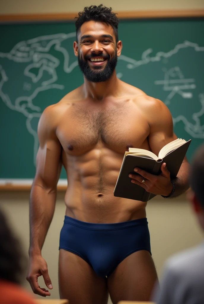 Strong, bearded, mixed race teacher smiling while teaching in navy blue underwear with a book in his hand.