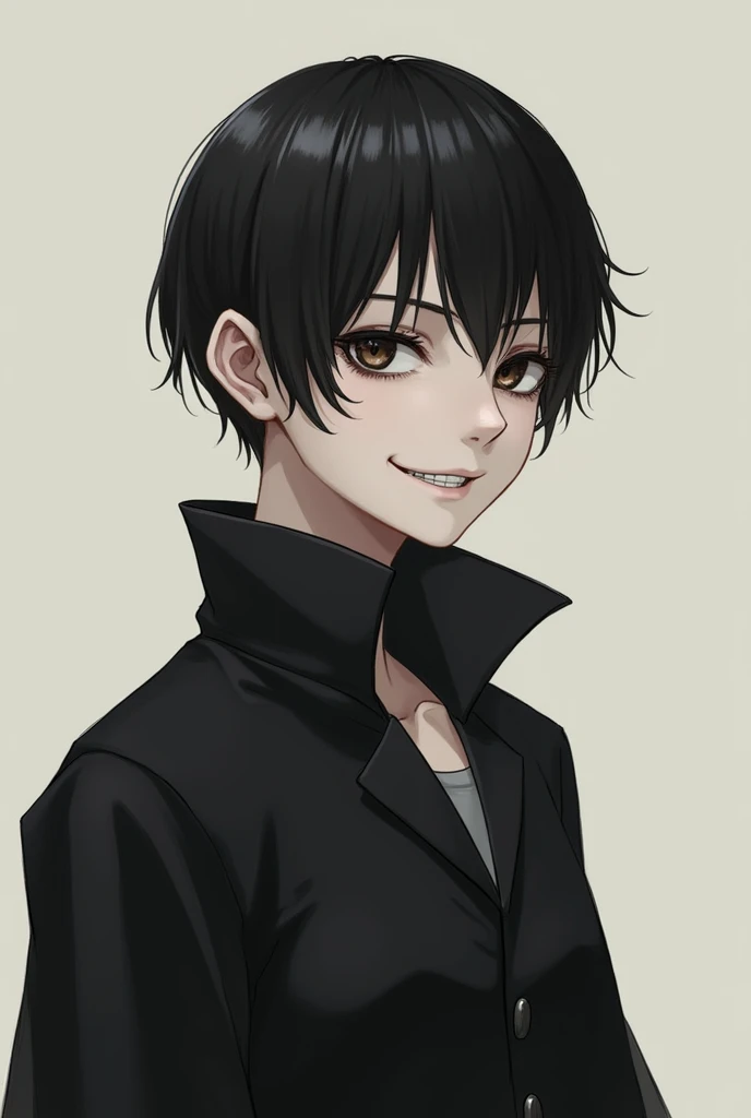 , shaved black hair, eyes black, Grinning,whole body,skin fair,