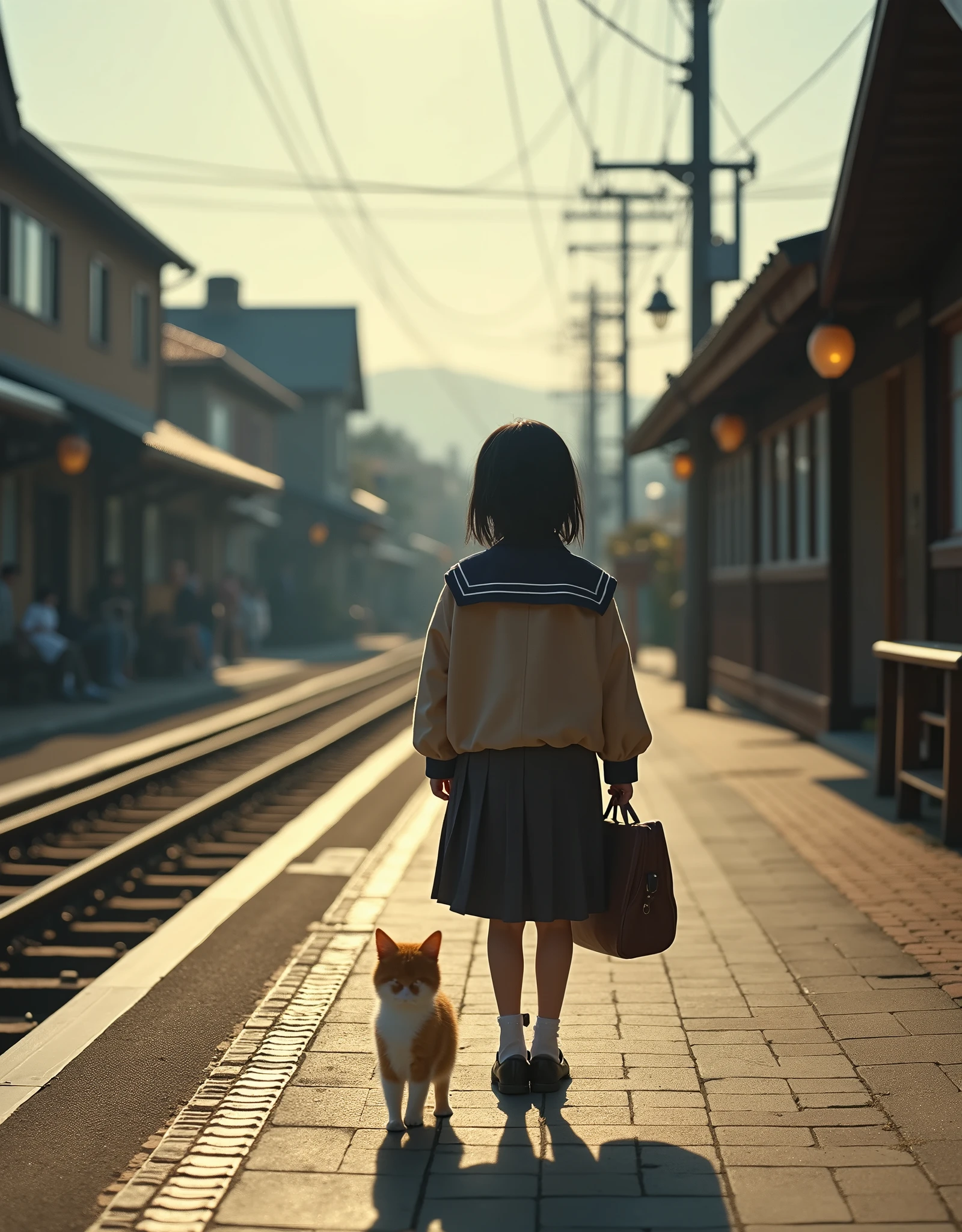 35mm lens，Multiple angles，Countryside scenery，Suburban，Back，side，silhouette，Overhead shot，Cat，Standing，doll，Carrying a small school bag，tram，Hokkaido，Autumn Station，Wooden house，Platform， cloak,Ruan Jia,Suit,tie, (Delicate face), (Fine fluffy fur)，（35mm Cinema Lens），（Multi-angle shooting），（many viewing angles）