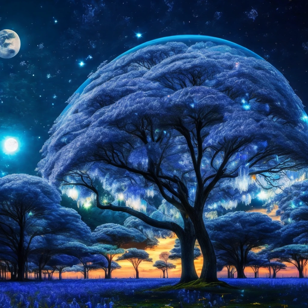 a forest of blue tree's, transparent, dynamic lighting, colorful clouds, moon, sparkling, glass, shiny,