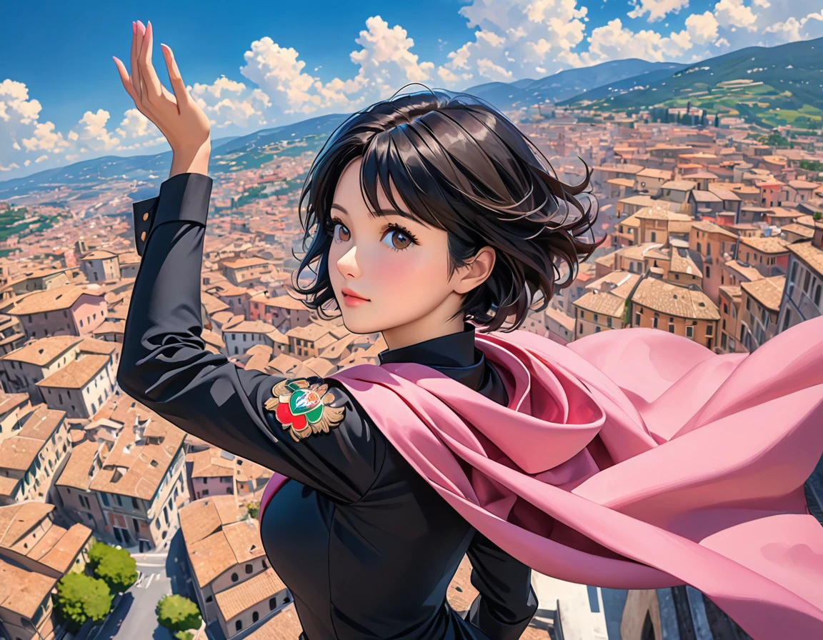 A 41 year old woman, short black hair, round, brown eyes, flying over a city in Italy, wearing a black uniform with a pink cape, with one arm stretched out and the sky very blue, high qualiy, details on the hands